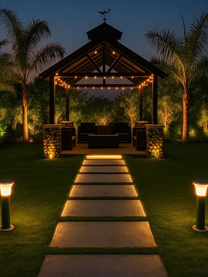 A night view of the gazebo, with string lights and pathway lighting creating a magical and inviting atmosphere.