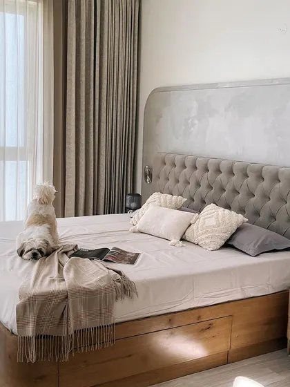 A cute photobomb from our furry interior designer, Oreo, during a bedroom photoshoot.
