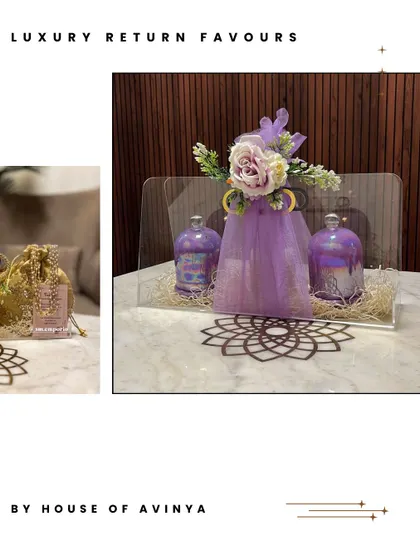 We can customize our luxury return favours to match any colour theme. This collage shows a beautiful lavender-themed gift set in a clear acrylic tray, perfect for a modern and chic celebration.