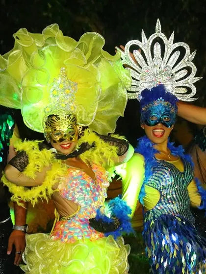 Our Samba dancers posing with high energy. We bring authentic flair and professional choreography to make your event spectacular.