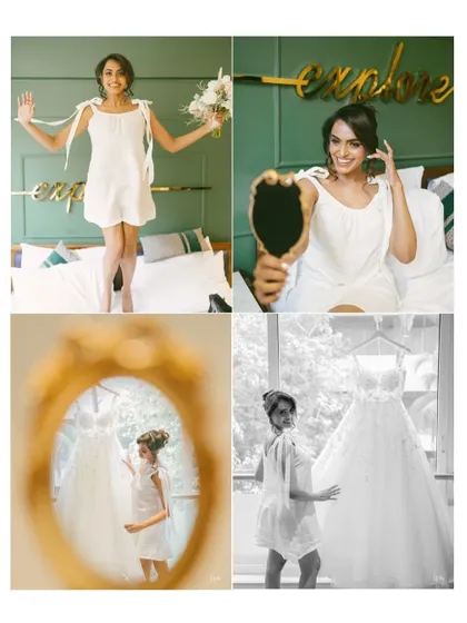 A collage of the bride's joyful moments before putting on her gown. From jumping on the bed to admiring her dress, these shots are full of personality.