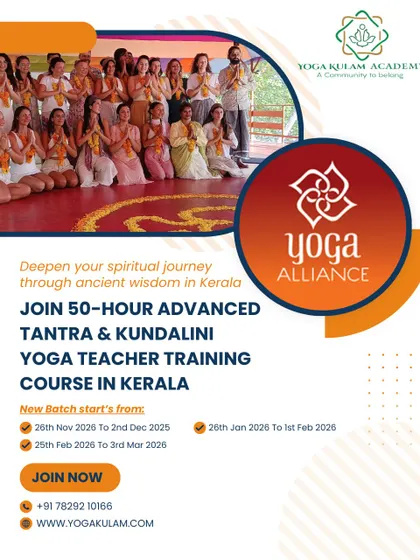 A poster for our 50-hour Advanced Tantra and Kundalini course in Kerala, featuring a photo of a graduation ceremony where students are dressed in traditional attire, celebrating their spiritual journey.