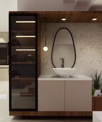 A render of a dining and wash area, featuring a modern vanity with a vessel sink and a glass-door display cabinet, showcasing how I design functional and stylish transitional spaces.
