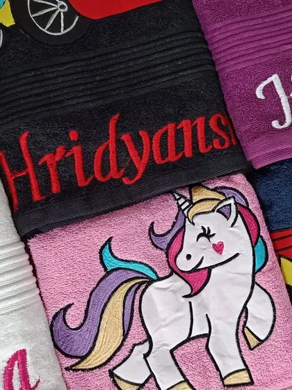 Another look at the colorful custom embroidered towels for kids.