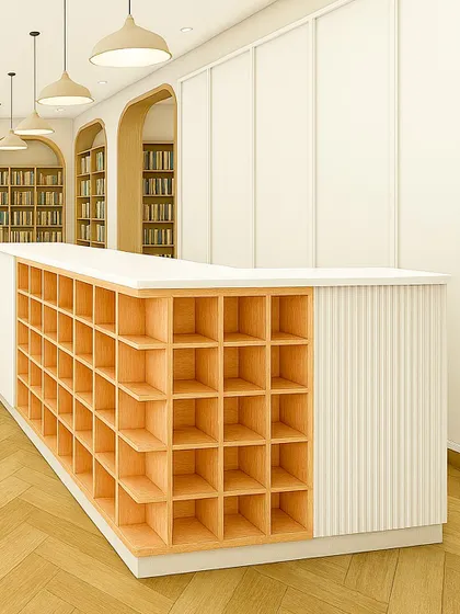 A close-up of the library's reception desk, featuring integrated cubby storage. This custom piece is both functional for organization and beautiful in its minimalist design, with clean lines and a contrast of wood and white.