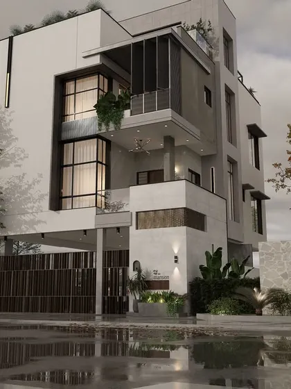This multi-story home design emphasizes verticality and modern aesthetics. The facade uses a mix of grey tones, large windows, and strategic lighting to create a sophisticated urban residence.
