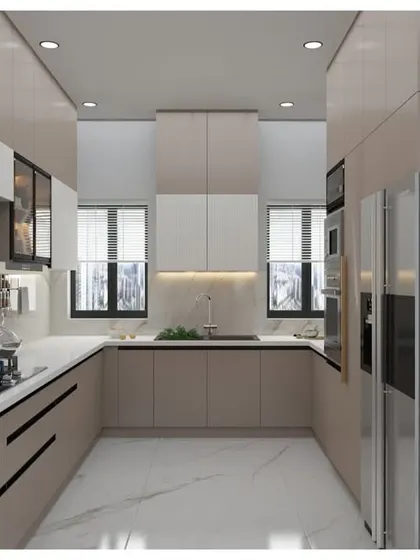 This render provides a full view of a U-shaped kitchen, demonstrating how we maximize storage with both upper and lower cabinets, including a tall glass-fronted pantry for display.