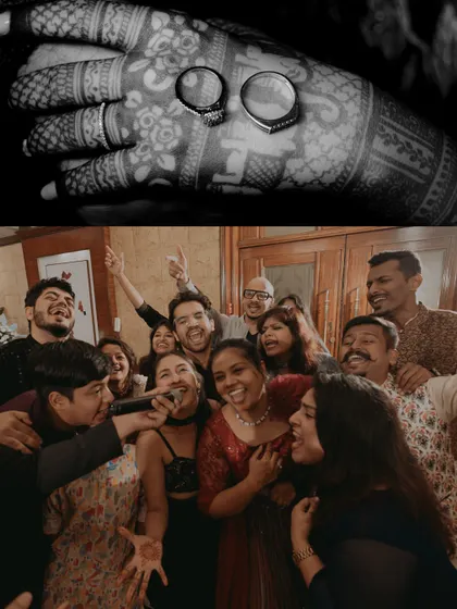 A diptych showing a close-up of the engagement rings on a henna-adorned hand and a joyous group singing session.