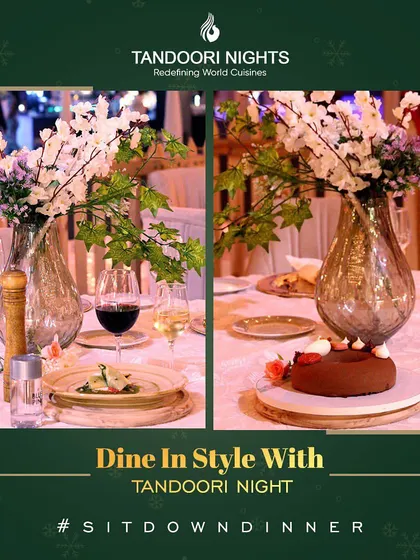 A beautifully set table for a sit-down dinner, complete with fine wine, floral arrangements, and a plated dessert, showcasing our ability to create an intimate and stylish dining atmosphere.