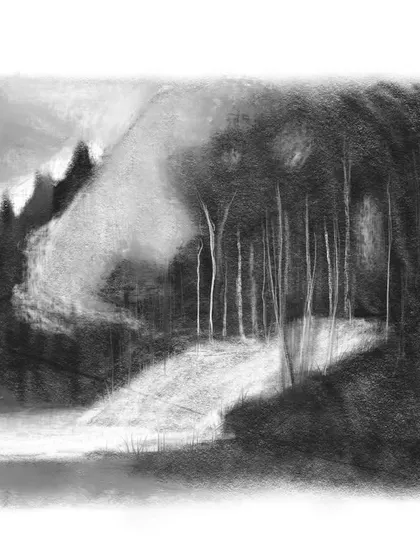 A charcoal value study for my impressionist autumn landscape. This step is crucial for planning the light and dark areas of the painting, creating a strong foundation for the colors.