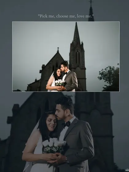 A moody, atmospheric collage of a couple in front of a Gothic-style church in Jaipur, blending romance with a touch of vintage drama.