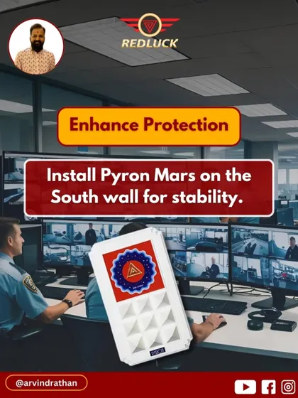 For a security office, enhancing protection is paramount. I recommend installing a Pyron Mars on the South wall for stability and strength. This Vastu tool fortifies the office against negative influences and boosts the courage of the staff.