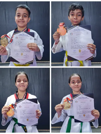 Winners from the Youth Cup Taekwondo Championship 2025. This image shows students proudly displaying their gold and bronze medals.