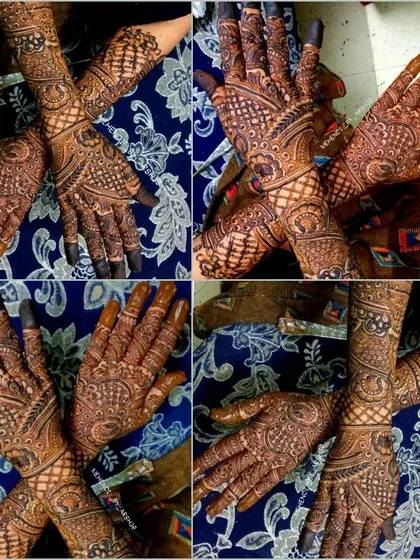 A collage showcasing various angles of a single bridal henna design, giving a complete 360-degree view of the artwork.
