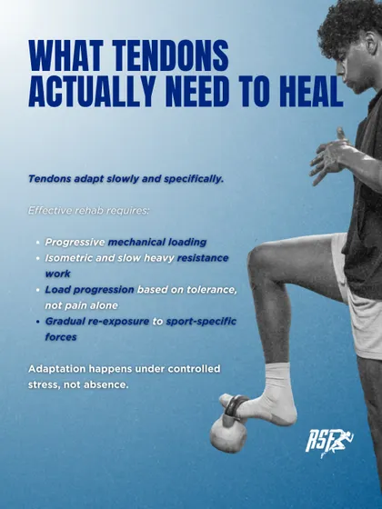 So what do tendons actually need to heal? This image outlines the requirements: progressive mechanical loading, isometric and heavy resistance work, and a gradual re-exposure to sport-specific forces. Adaptation happens under controlled stress, not its absence.