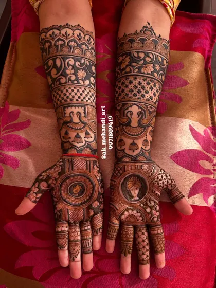 A complete bridal set featuring portraits of the bride and groom, along with other traditional motifs like peacocks and floral bands.