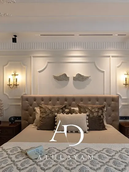 A full view of the classical bedroom, showing the balance of textures and the running border detail that elevates the entire space.