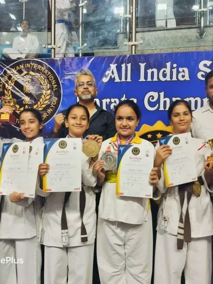 We are incredibly proud of our young champions. This photo captures a group of our dedicated female students after the All India Sanshinkan Karate Championship, proudly displaying the medals, trophies, and certificates they earned through discipline and perseverance.