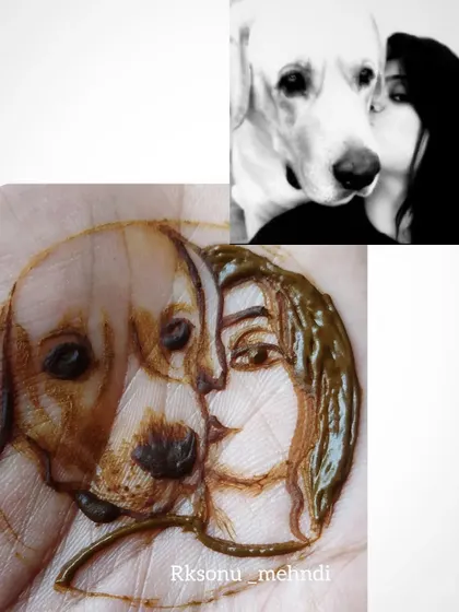 This image shows my creative process, using a photograph as a reference to sketch the portrait of the bride and her pet directly onto the skin with henna. It’s how I ensure the likeness and emotion are captured perfectly.