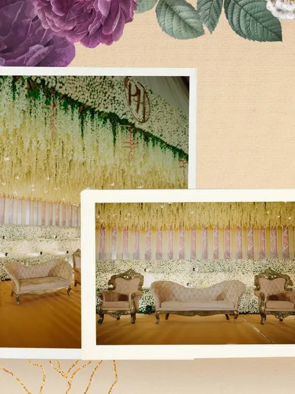 A collage showcasing a luxurious reception stage with a full floral wall and hanging ceiling decor. The elegant vintage-style seating completes the opulent look.