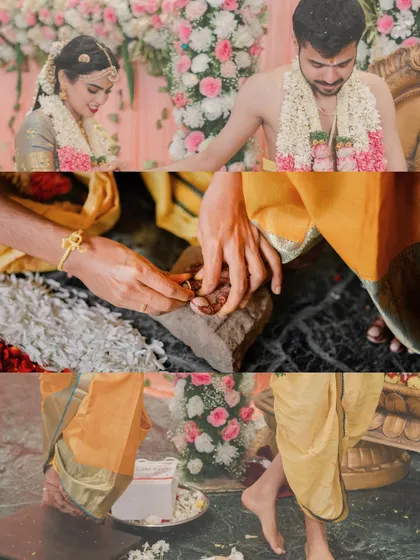 A collage showcasing the intricate details of a Brahmin wedding ceremony, from the sacred rituals performed by the couple to the traditional elements that make the day so special.