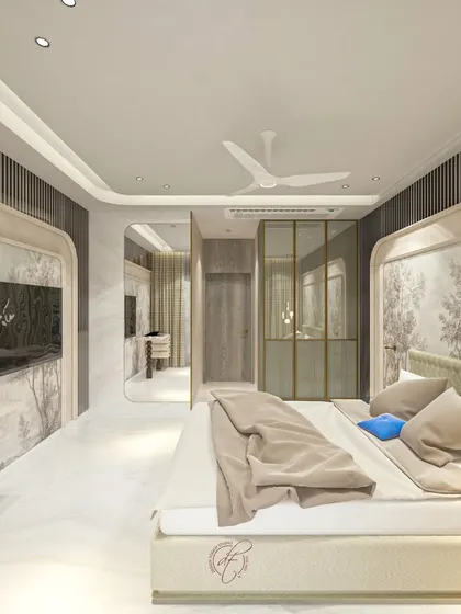 A render showing both the bed and the TV wall, which features the same nature-themed wallpaper for a cohesive and immersive design.