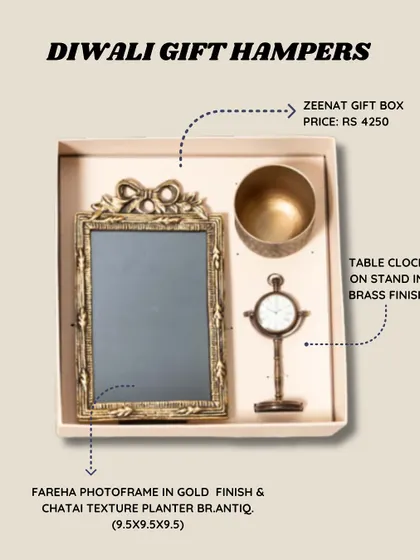 Gifting is an art, and I love putting together hampers that feel personal and luxurious. This Zeenat gift box is a perfect example, combining a vintage-style photo frame, a small brass planter, and a unique table clock. It's a thoughtful present for Diwali, housewarmings, or any special occasion.
