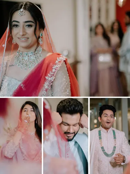 A collage of candid moments: the bride's reveal, friends playing with her veil, and the groom's surprised expression. These tell the story of the 'first look' beautifully.