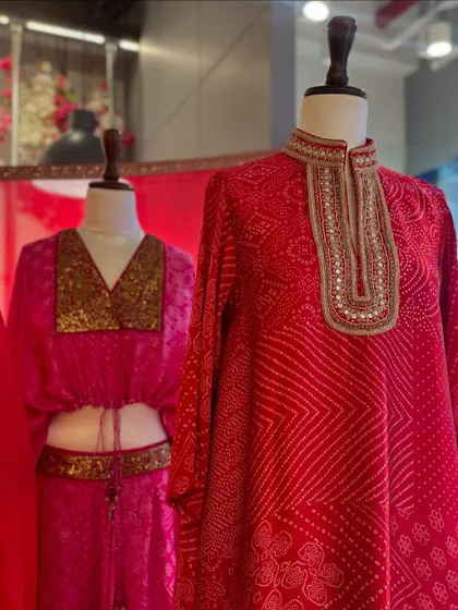A closer look at the details in Punit Balana's collection. The combination of bandhani print with embellished necklines creates a look that is both traditional and modern.