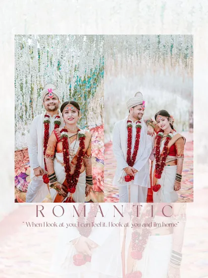 A romantic collage of the couple, showcasing their traditional wedding look and the loving connection between them.