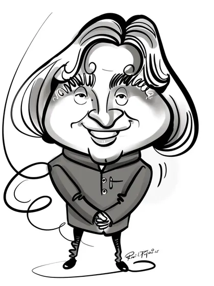 A black and white caricature tribute to Dr. APJ Abdul Kalam. This style focuses on shading and bold lines to create a classic, impactful portrait that highlights the subject's distinct features and warm personality.