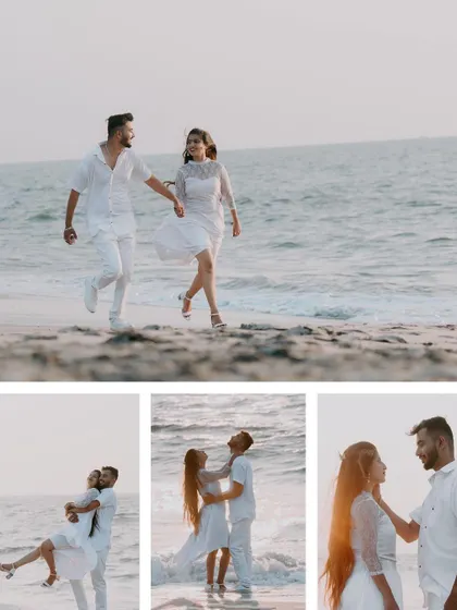 A collage of candid and posed shots from a couple's fun and romantic beach pre-wedding session.