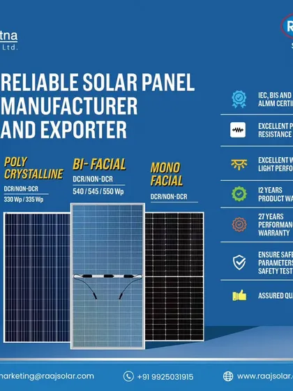 We are a reliable solar panel manufacturer and exporter offering a wide range of products. Choose from Poly Crystalline, Bi-Facial, and Mono Facial panels, all certified and backed by strong product and performance warranties.