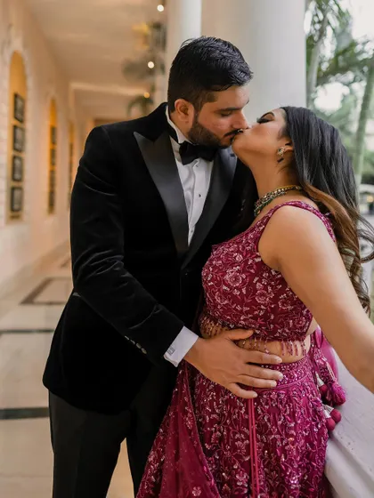 A stunning reception look at the Taj Westend. We use dramatic lighting and elegant backdrops to create sophisticated and timeless portraits for your evening events.