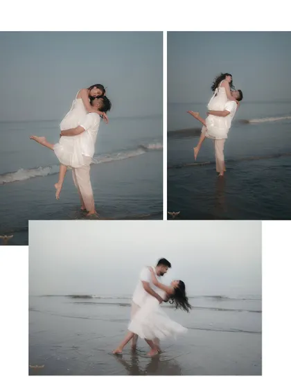A collage of romantic moments from a pre-wedding beach shoot. The couple's playful lifts and dips in the ocean waves showcase a fun, carefree connection, captured with a soft and dreamy aesthetic.