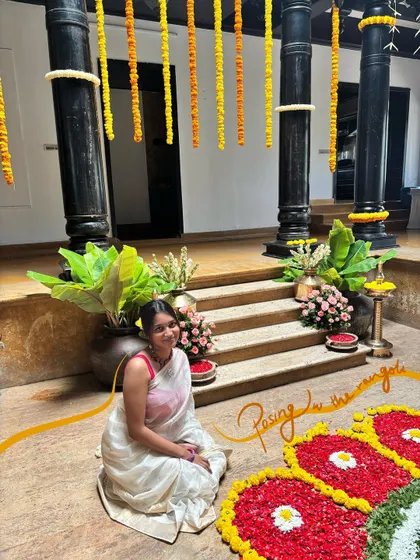 Posing by the rangoli. I added some text and a simple line drawing to make this photo feel like a page from my personal scrapbook.