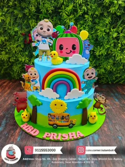 A colourful two-tier Cocomelon cake featuring JJ, the watermelon, and the yellow school bus. This cake brings the cheerful nursery rhymes to life for a toddler's birthday.