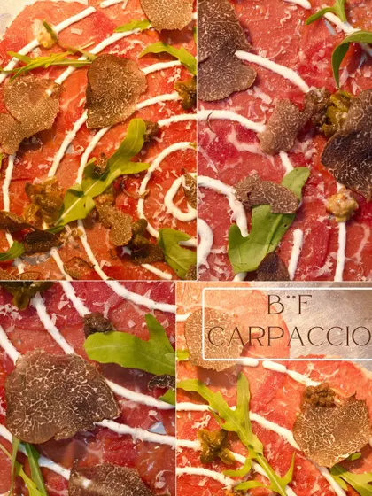 A collage of our Beef Carpaccio, generously topped with freshly shaved black truffles. The delicate beef and earthy truffle create a perfect harmony of flavours.