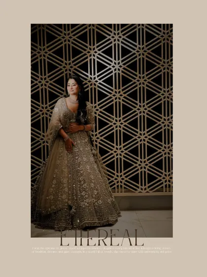 A stunning solo portrait of the bride-to-be against a modern, geometric backdrop, highlighting her beautiful lehenga.