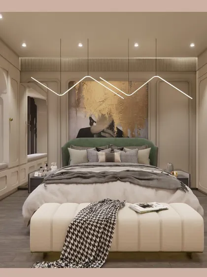 Modern elegance meets cozy comfort in this bedroom design. We blended muted tones with a bold piece of abstract art, a plush green headboard, and sculptural pendant lights to create a space that feels both serene and stylish.