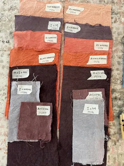 Another view of student dye experiments, showing a range of earthy reds, purples, and greys. These swatches serve as a valuable reference for future projects.