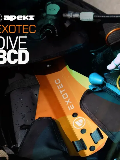 A close-up on the Apeks Exotec BCD's BioReact waist and Wrapture harness system. This innovative design allows the cylinder weight to be distributed evenly on your hips, enabling you to walk upright comfortably out of the water.