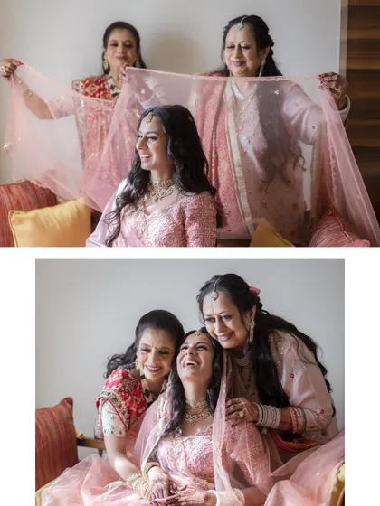 A beautiful portrait of the bride with her mother and mother-in-law. Their happy, loving expressions show the joining of two families.