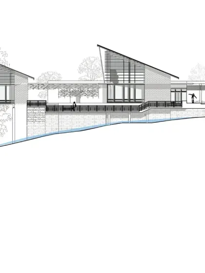 An architectural section drawing of the Club Mahindra Tungi Resort. This illustrates how the building is sited on the sloping terrain to maximize views of Pawna Lake while minimizing its impact on the landscape, with elevated walkways connecting different levels.