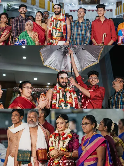A collage showing the traditional processions of the bride and groom with their families during the wedding ceremony.