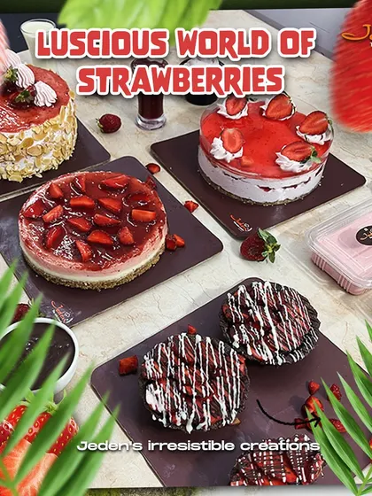 Dive into the luscious world of strawberries with our irresistible creations. This spread features our strawberry cheesecakes, fresh cream cakes, and chocolate-drizzled strawberry tarts.