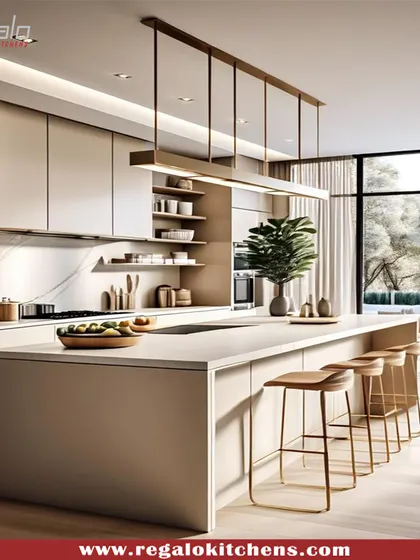 An open-concept kitchen with a large island and bar seating. The neutral color palette and modern pendant lighting create a sophisticated and inviting space for cooking and socializing.