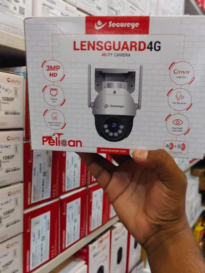 This is a Secureye LENSGUARD 4G PT camera. It connects using a 4G SIM card and allows you to remotely pan and tilt to see different areas.