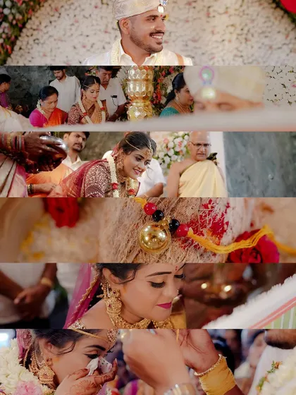 A collage of emotional moments from the Muhurtham, including the groom's anticipation and the bride's tearful joy.