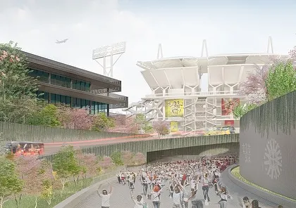 A render showing the arrival experience at the MCA campus, with a dedicated underpass for crowd movement on match days. The design integrates infrastructure with lush landscaping, ensuring efficient circulation while maintaining a connection to nature.
